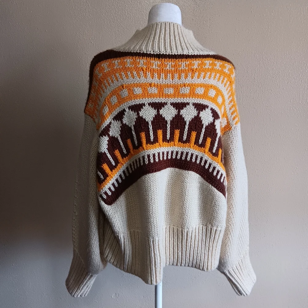 Moodie Medium Boho Western Thick Knit Sweater, Geometric Tan Brown Orange - Picture 3 of 9